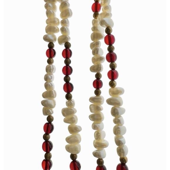 Continuous Beaded Necklace Faux Pearl Gold Tone Red Round Translucent Glass Boho - Picture 4 of 7